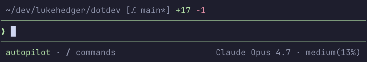 Copilot CLI status line showing working directory, git branch with +17 -1 line counts, autopilot agent, Claude Opus 4.7 model on medium effort with 13% context used